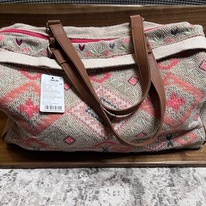 Patterned Tote Bag with Brown Straps